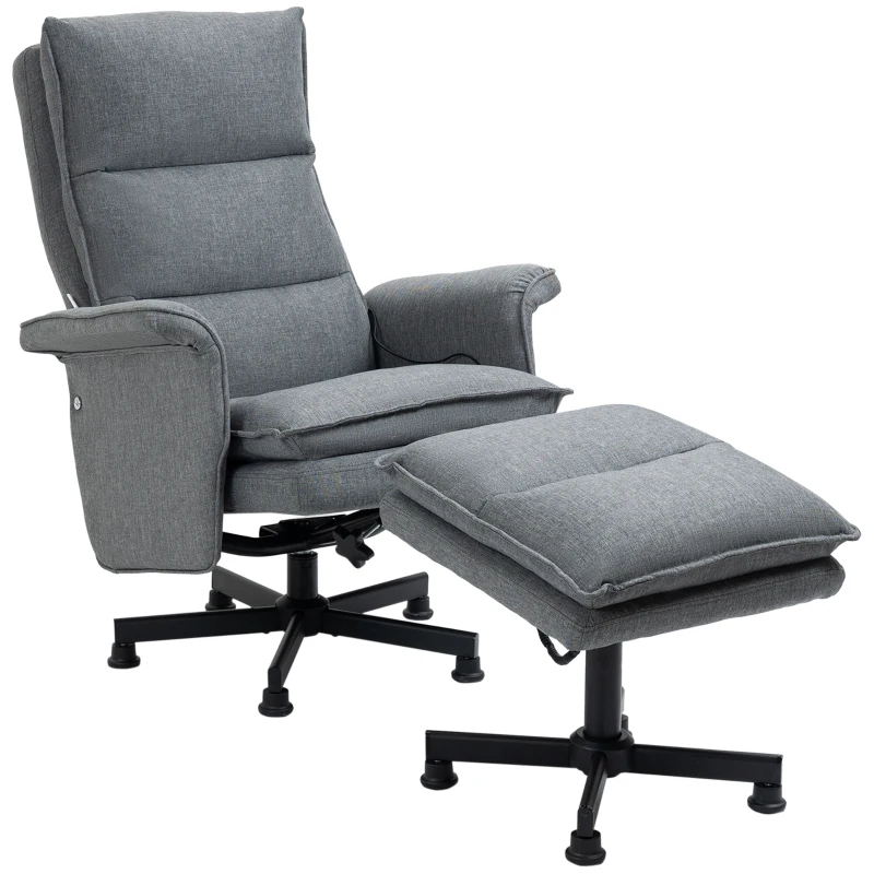 HOMCOM Swivel Recliner Chair and Footstool, Upholstered Massage Recliner Armchair with Remote Control, Timer and Steel Base, Grey