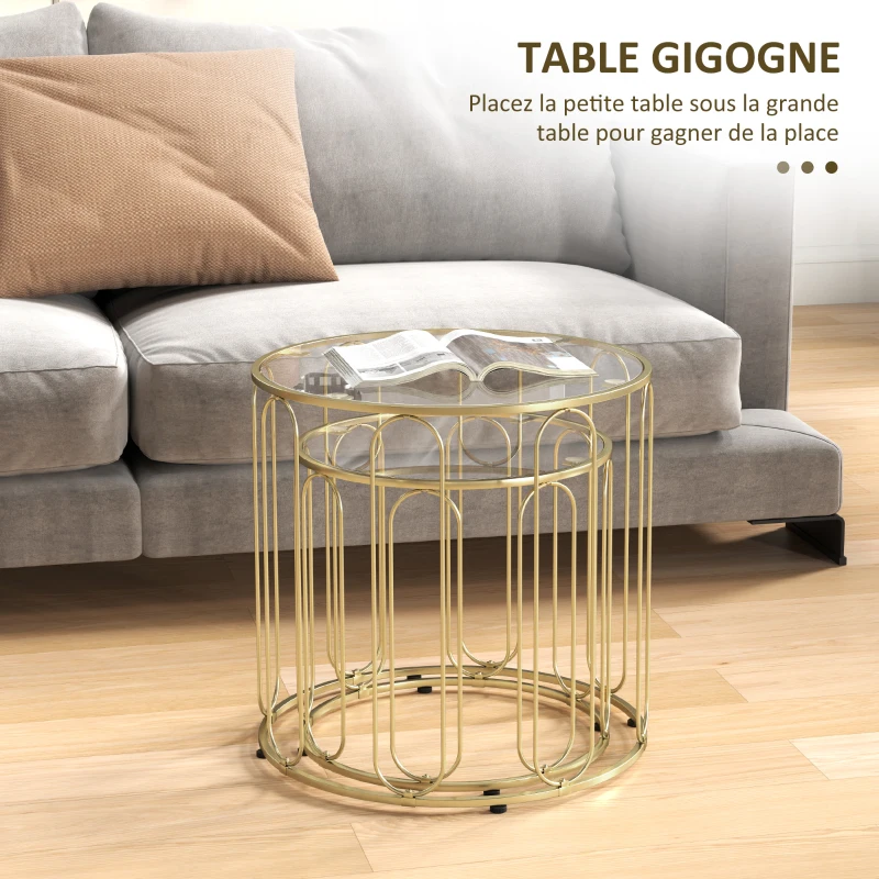HOMCOM Lot de 2 tables basses gigognes rondes modernes avec cadre en métal et plateau en verre trempé, ton doré