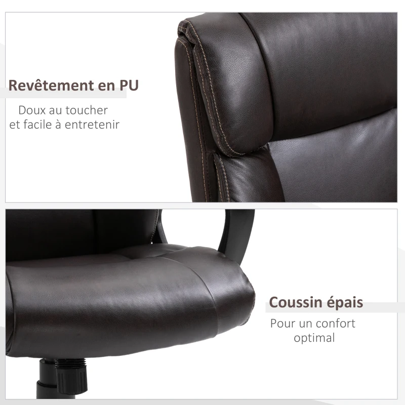 HOMCOM Fauteuil de bureau chaise de bureau ergonomique réglable roulettes pivotant 360° revêtement synthétique PU 64 x 73 x 106-115,5 cm chocolat