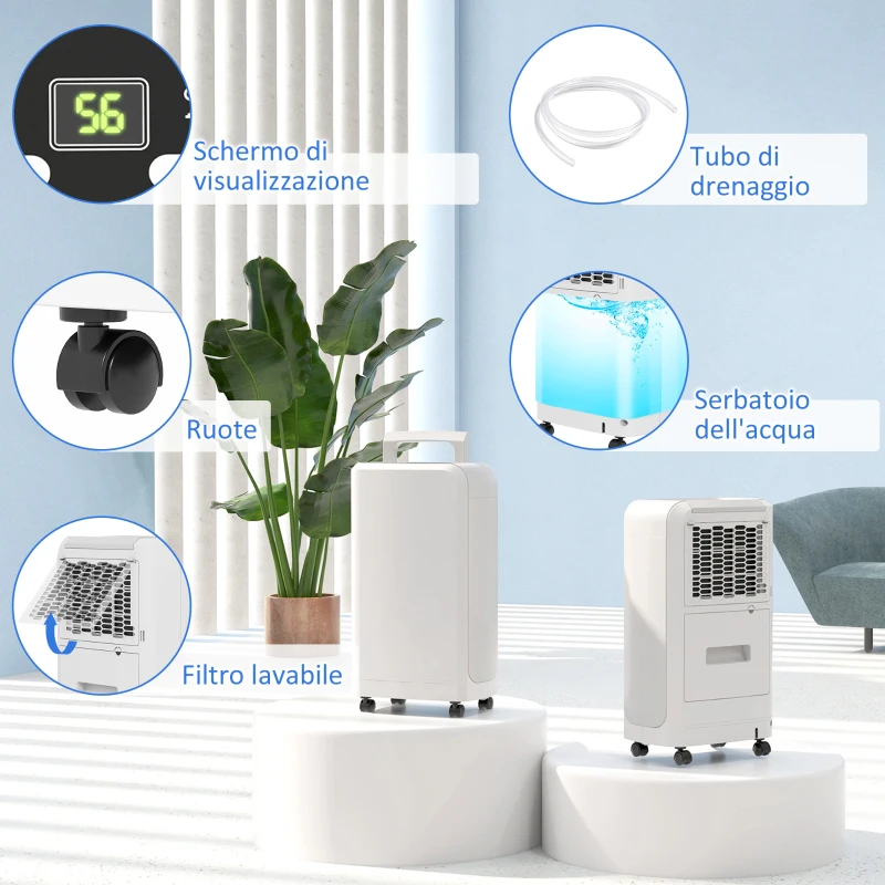 HOMCOM Deumidificatore Portatile Touch da 12L con Tubo di Scarico, Timer e Filtro, in ABS, 28x18x50.6 cm, Bianco