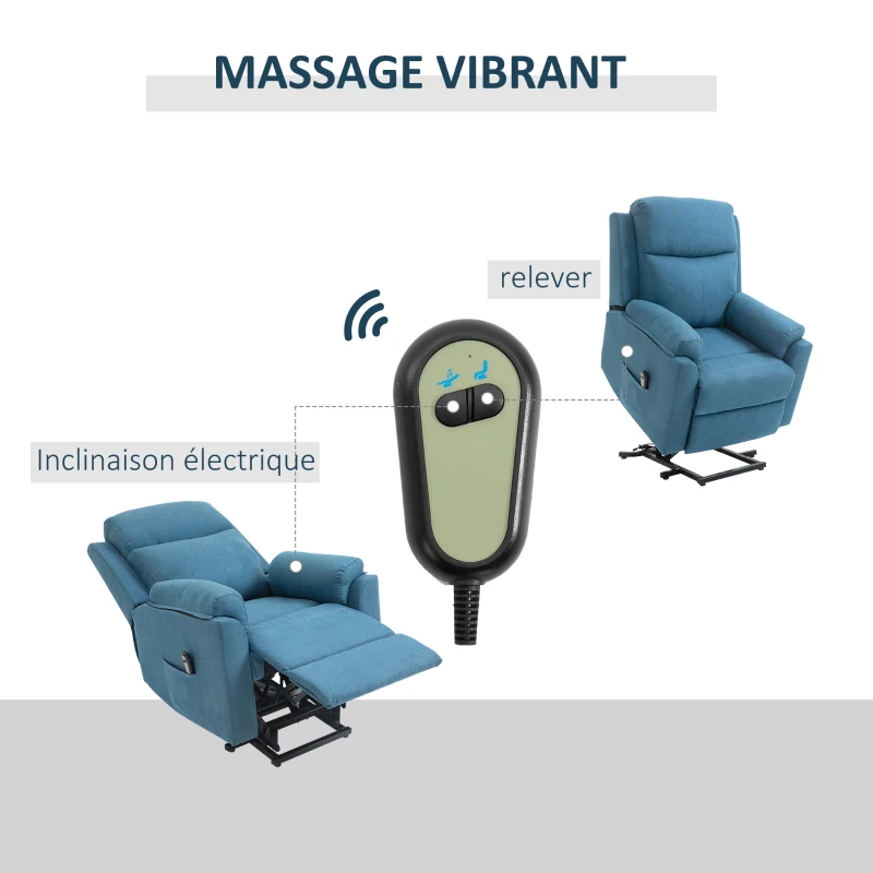 HOMCOM Fauteuil électrique releveur fauteuil relax avec repose-pieds dossier inclinable télécommande poche latérale bleu(m-5)