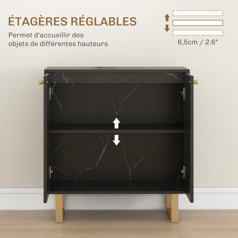 HOMCOM Buffet de rangement avec 2 portes et étagère réglable pieds en métal 76 x 35 x 77 cm ton marbre noir