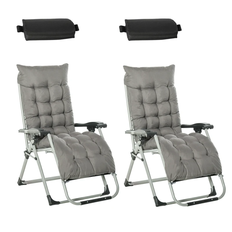 Outsunny 2pc Reclining Zero Gravity Sun Loungers ,Folding Chaise Lounge Chair with Cushions, Dark Grey