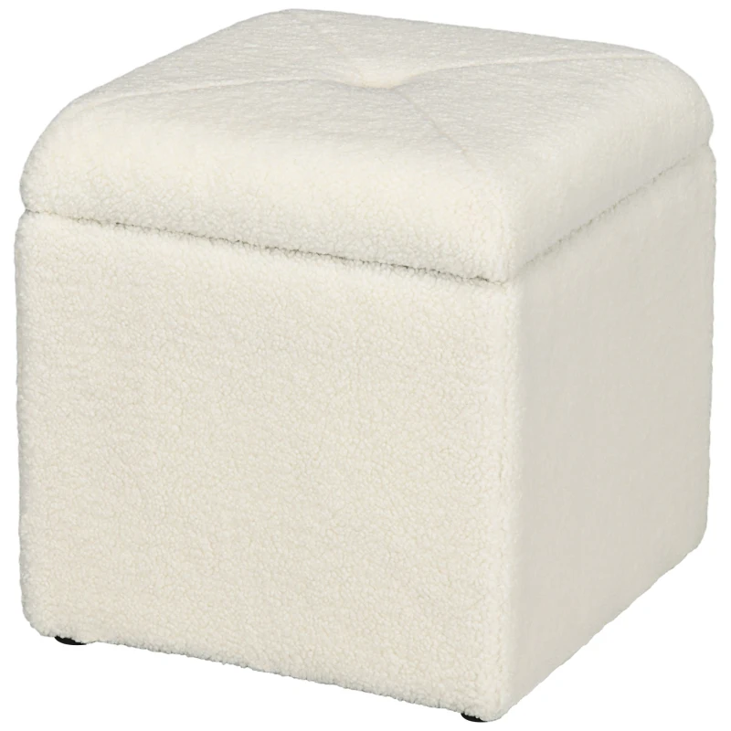HOMCOM Pouf Contenitore Imbottito in Tessuto Teddy Morbido per Salotto e Camera, 39x39x39cm, Crema