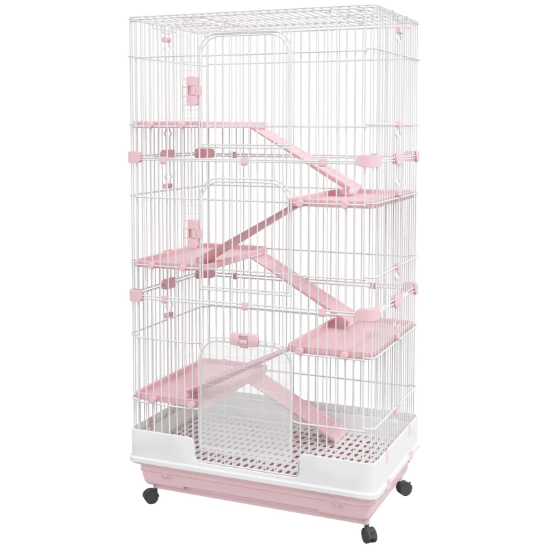PawHut Six-Tier Small Animal Cage, for Bunnies, Ferrets, Chinchillas w/ Wheels, Tray - Pink