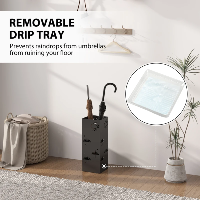 HOMCOM Metal Umbrella Stand, Square Umbrella Holder with Removable Drip Tray and 4 Hooks, Decorative Umbrella Storage Rack for Hallway, Entryway, 15.5 x 15.5 x 41 cm, Black