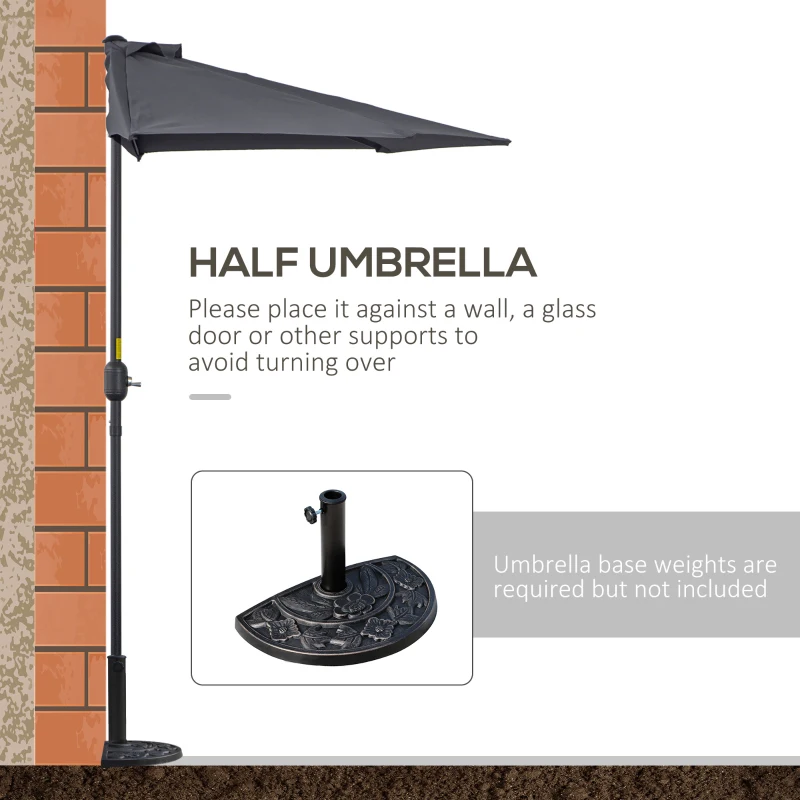 Outsunny 3(m) Half Parasol Semi Round Umbrella Patio Metal Frame Crank Handle for Balcony-- NO BASE INCLUDED, Grey