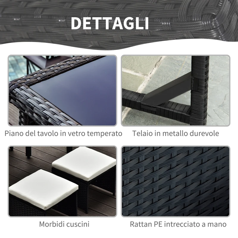 Outsunny Set Mobili da Giardino in Rattan 5 Pezzi Tavolo 2 Sedie 2 Poggiapiedi con Cuscini Combinabili a Rettangolo