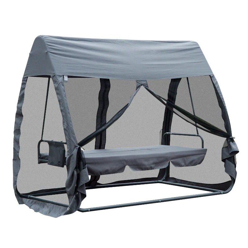 Outsunny Dondolo Letto da Giardino con Zanzariera Grigio, Dondolo Ribaltabile 3 Posti per Esterno e Balcone 240x140x197cm