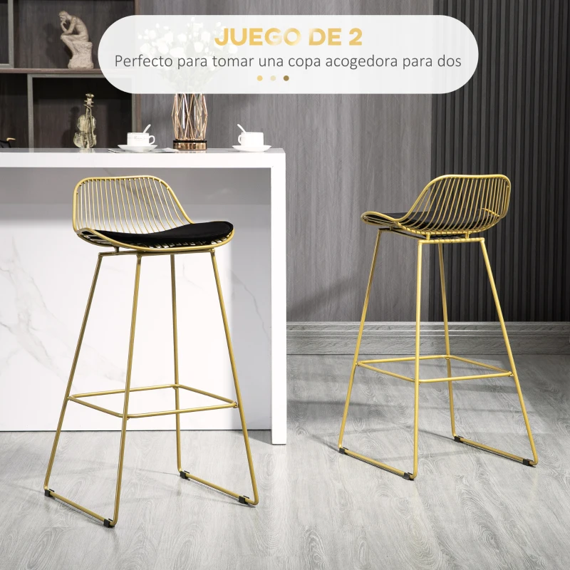 HOMCOM Juego de 2 Taburetes Altos de Cocina Taburetes de Bar con Cojín de Terciopelo Respaldo y Reposapiés 46,5x48x93 cm Dorado