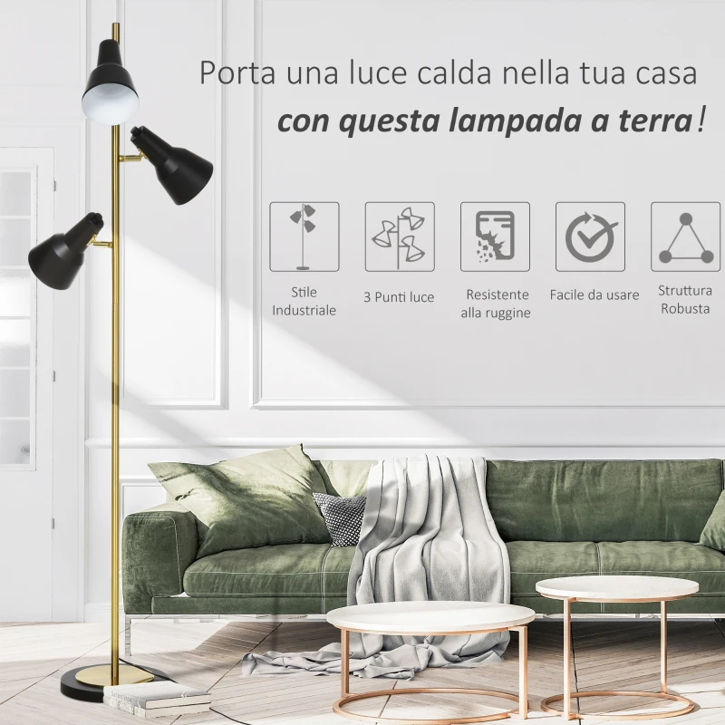 HOMCOM 150cm Lampada a Piantana da Terra con 3 Paralumi Regolabili, Base Rotonda, Interruttore a Pedale, in Metallo, Bronzo, 32x32x150cm