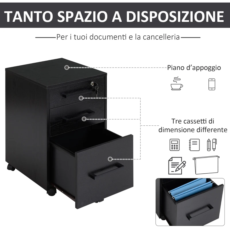 HOMCOM Cassettiera Portadocumenti da Ufficio Schedario con 3 Cassetti e Serratura, in Legno, Nero, 39.2 x 40 x 65.4cm
