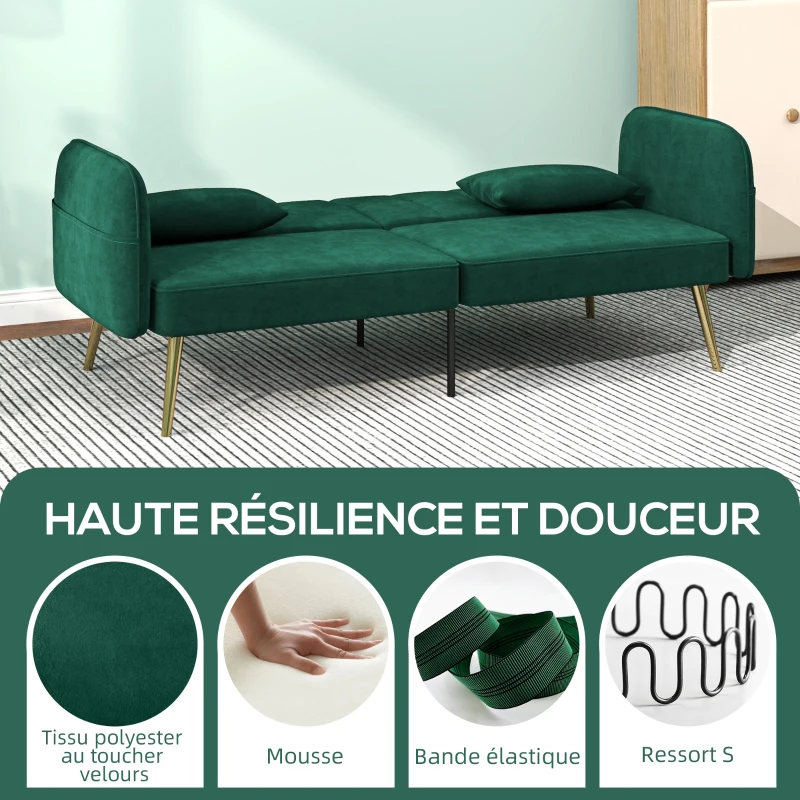HOMCOM Canapé convertible 2 places canapé-lit canapé clic-clac en tissu velours avec dossier réglable, vert foncé