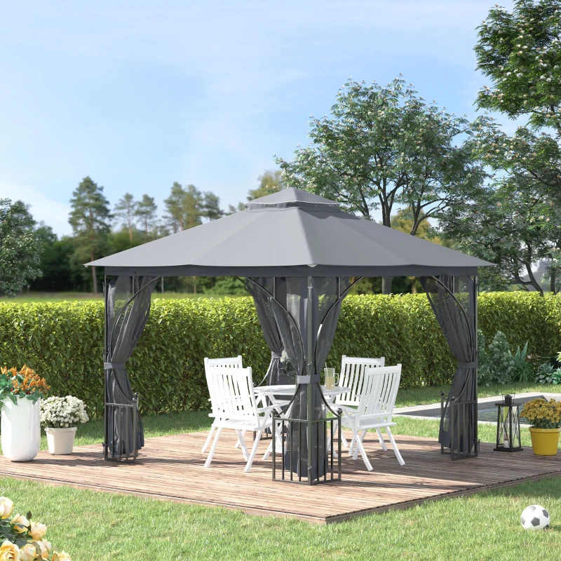 Outsunny 3 x 3(m) Garden Gazebo Patio Party Tent Shelter Outdoor Canopy Double Tier Sun Shade Metal Frame Netting, Light Grey