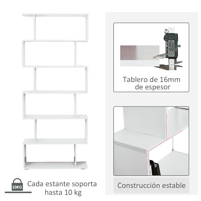 HOMCOM Estanteria Libreria 6 Estantes Madera Forma S 80x24x191 cm Estantes Color Blanco