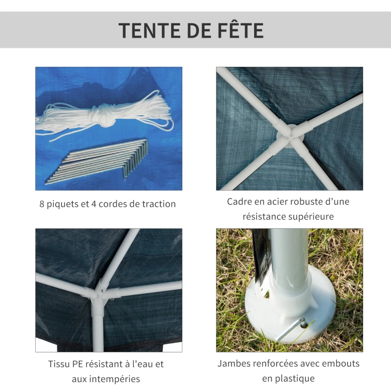 Outsunny Tonnelle barnum de jardin dim. 2,95L x 2,95l x 2,45H m métal époxy bâche PE haute densité bleu