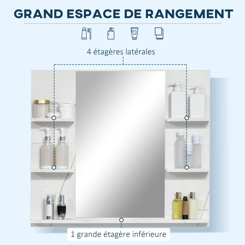 kleankin Miroir mural de salle de bain avec étagères de rangement - 4 étagères latérales + 1 étagère inférieure - MDF