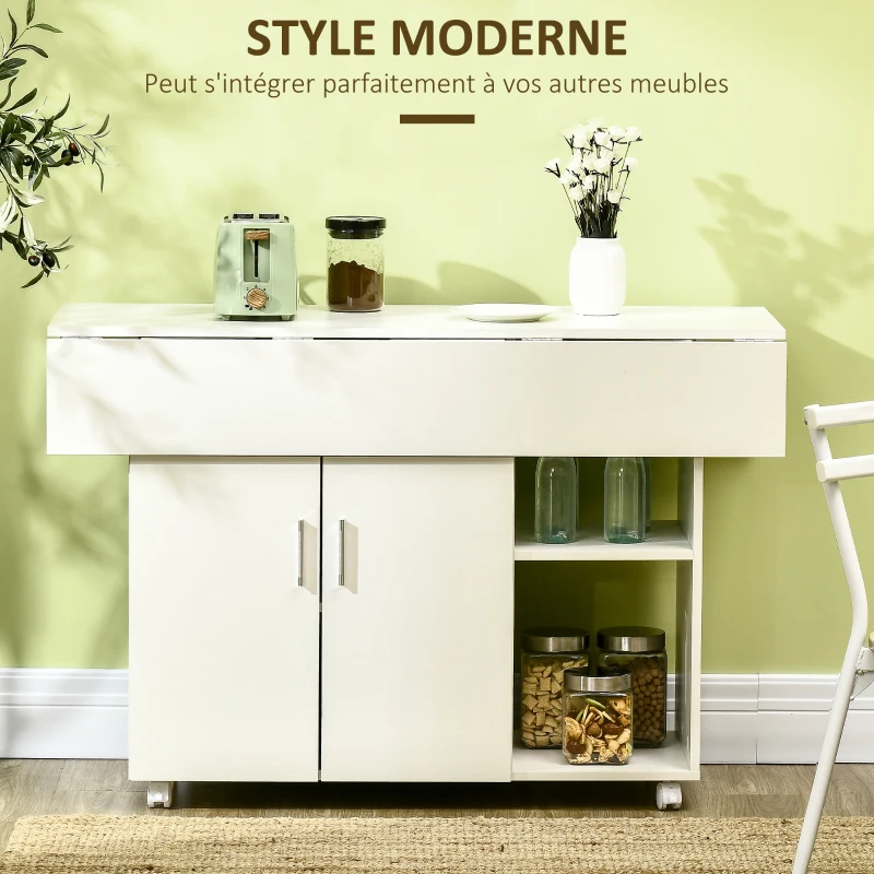 HOMCOM Table de salle à manger pliable, table pliante sur roulettes avec compartiments placard étagère 115 x 73 x 76 cm blanc