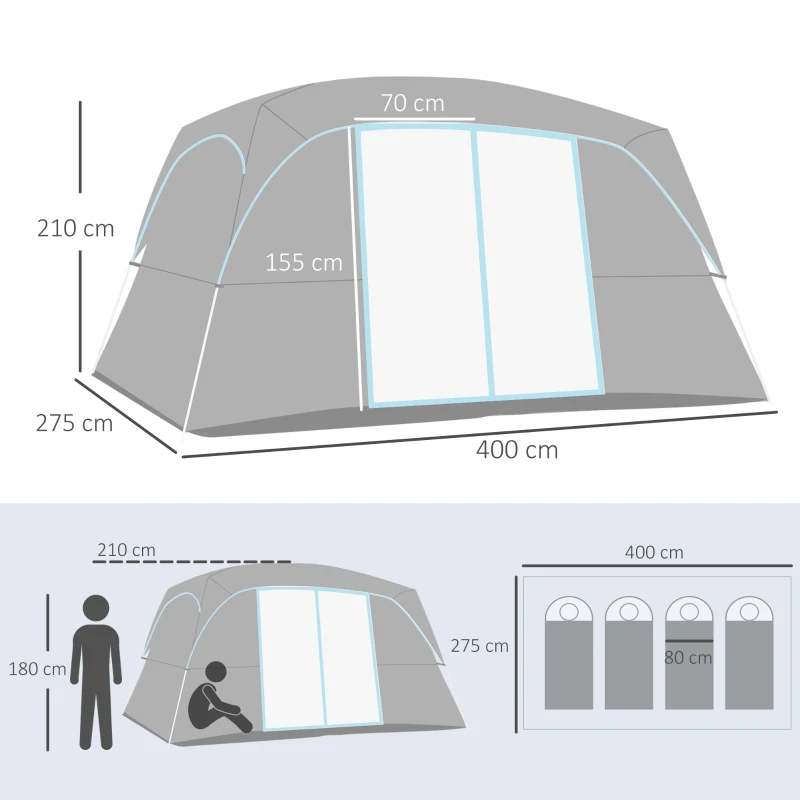 Outsunny Tenda da Campeggio 4 Persone Impermeabile con 2 Stanze e Finestre a Rete, 400x275x210 cm, Grigia
