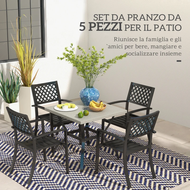 Outsunny Set da Giardino con 4 Sedie Impilabili e Tavolo Quadrato Effetto Marmo, Grigio
