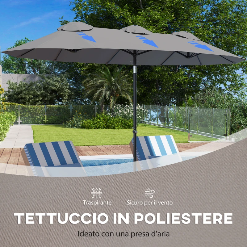 Outsunny Ombrellone Doppio Inclinabile a 45° con Manovella e Prese d'Aria, in Acciaio e Poliestere, 285x147x227 cm, Grigio