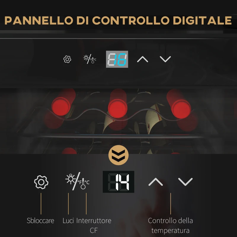HOMCOM Cantinetta Frigorifero per 18 Bottiglie di Vino con Display Digitale, Luce LED e Controllo Temperatura, Nero