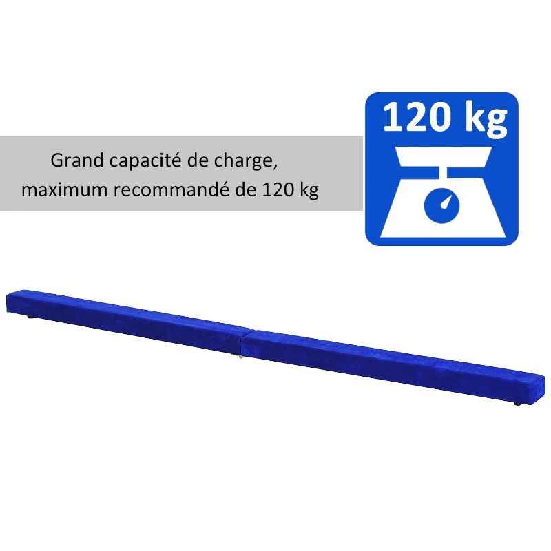 HOMCOM Poutre de gymnastique pliable poutre d'équilibre antidérapante 2,1 m revêtement daim bleu