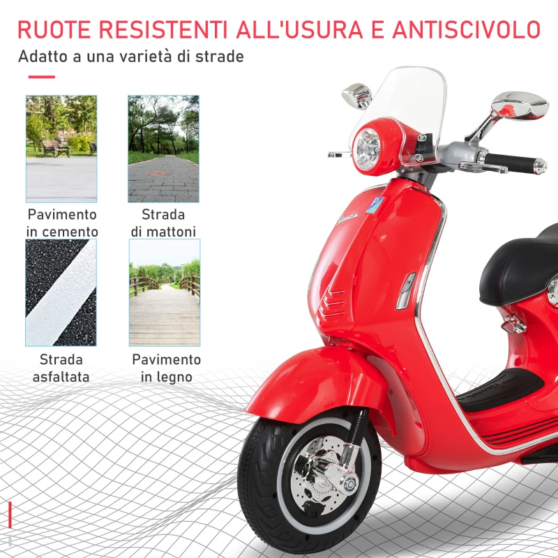HOMCOM Moto Elettrica per Bambini con Licenza Ufficiale Vespa, 2 Rotelle, Luci e Suoni, 108x49x75 cm, Rossa