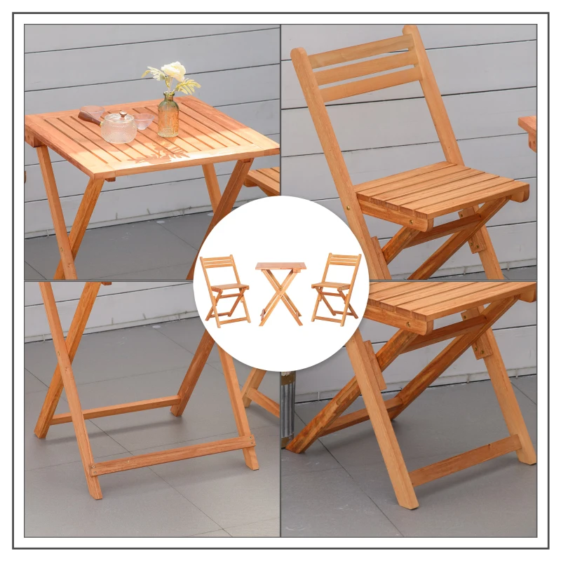 Outsunny Set 3 Pz Tavolo e Sedie da Giardino Pieghevoli e Salvaspazio in Legno di Pioppo