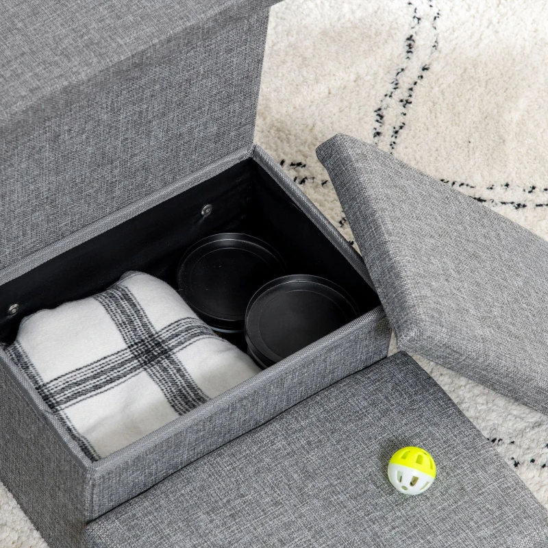 PawHut Escalera para Mascotas de 3 Peldaños 2 Cajas de Almacenaje Cueva y Cojín para Cama Sofá 73,5x33x40,5 cm Gris