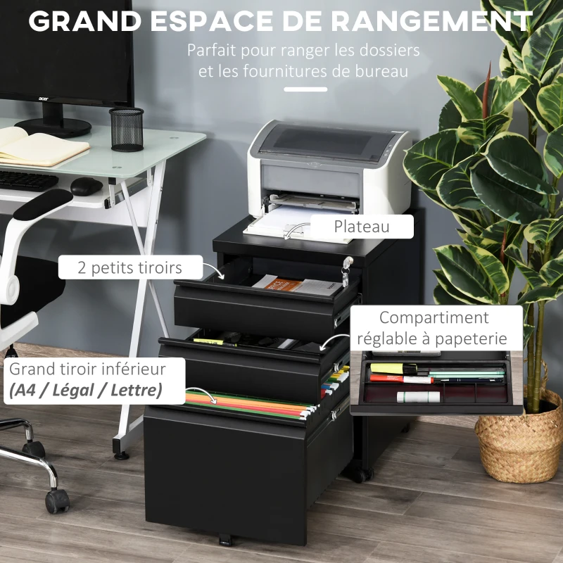 HOMCOM Caisson de bureau mobile rangement bureau sur roulettes 3 tiroirs verrouillables 39 x 48 x 60 cm noir