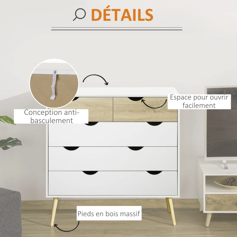 HOMCOM Commode 5 tiroirs Design scandinave Meuble de Rangement Chambre Panneau de Particules 99 x 39 x 101 cm Blanc Aspect chêne Clair