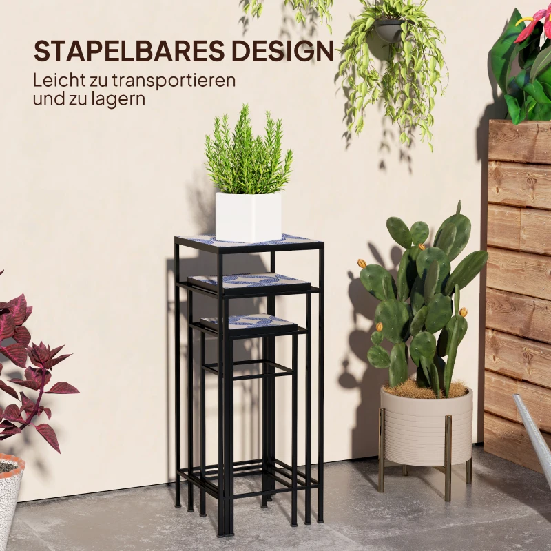 Outsunny Set van 3 Plantenstandaards, 3 Maten Rekken voor het Presenteren van Bloemen en Overige Objecten, Blauw+Wit