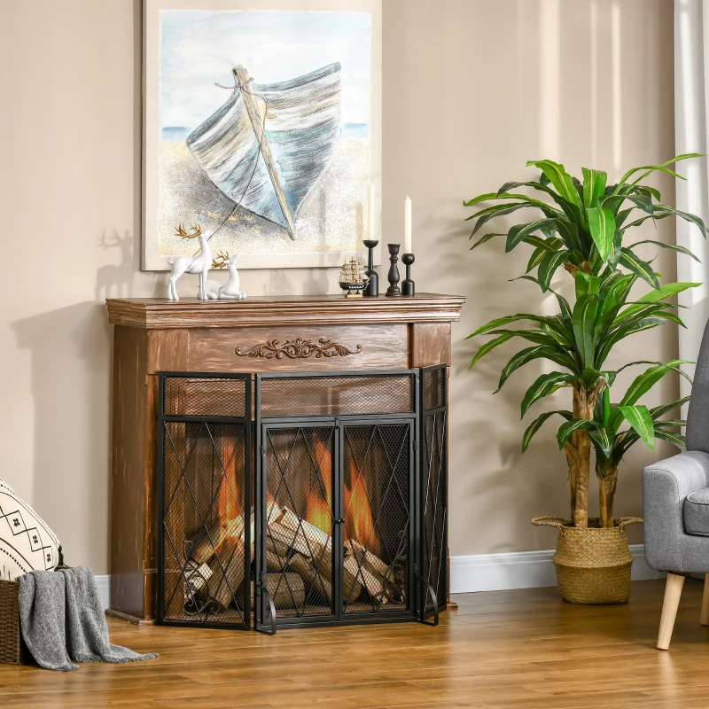 HOMCOM Grille de protection pour cheminée 120 x 79 cm - pare-feu pour cheminée ou poêle - pare-étincelles - barrière de sécurité - 3 volets pliables et porte - métal noir