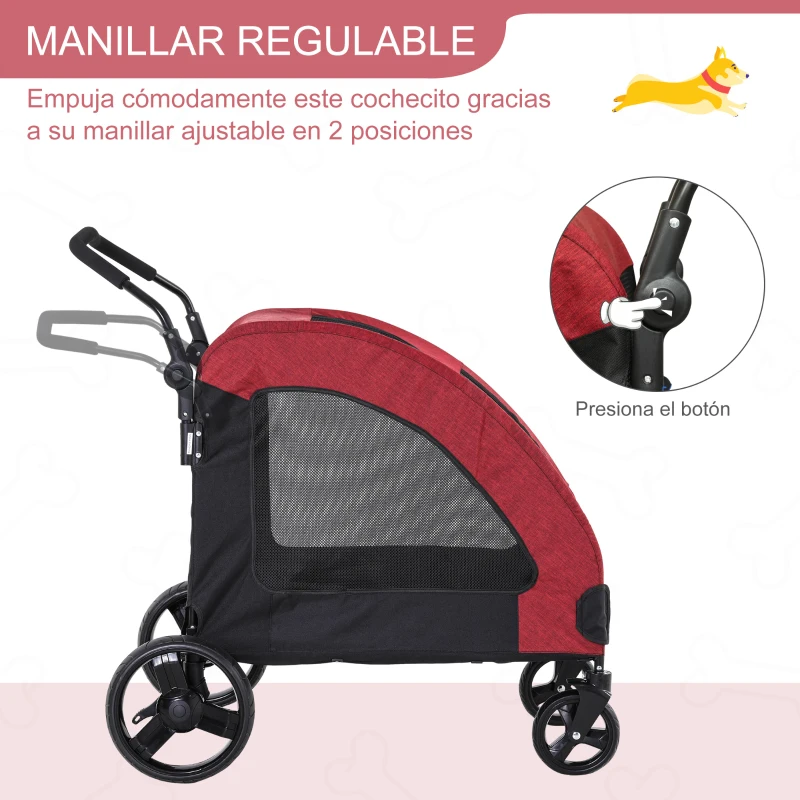 PawHut Cochecito para Mascotas Carrito para Perro Gatos 4 Ventanas Transpirables Buena Ventilación Puerta Grande Cojín Extraíble Carga 35 kg 98x82x110 cm Rojo