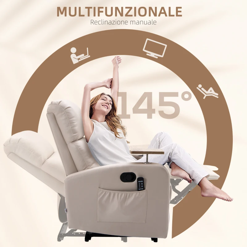 HOMCOM Poltrona Massaggiante e Reclinabile con Poggiapiedi e Telecomando, in Microfibra, 77x93x105 cm, Beige