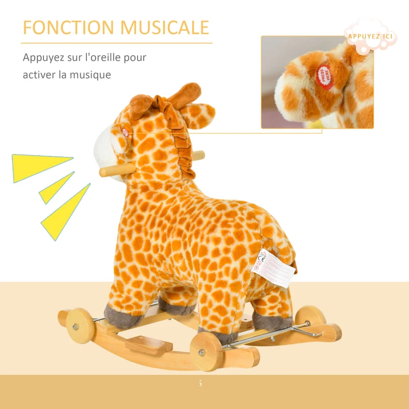 HOMCOM Jouet à Bascule Girafe et Porteur sur roulettes 2 en 1 Fonction sonore mugissement Bois peuplier Peluche Courte Polyester tacheté