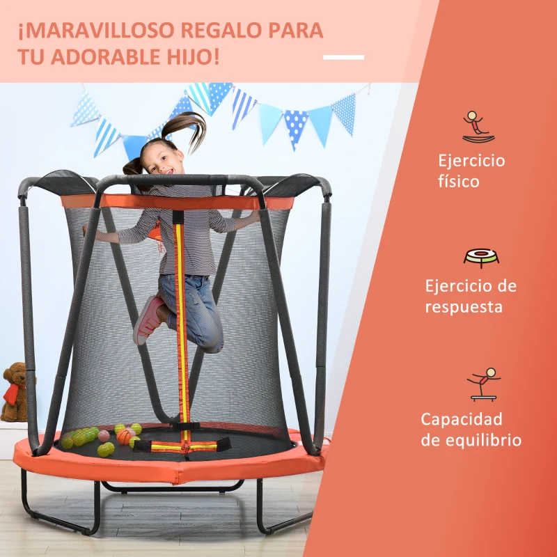 ZONEKIZ Cama Elástica Infantil Ø140 cm con Red de Seguridad Canasta de Baloncesto y 20 Bolas de Plástico Rojo