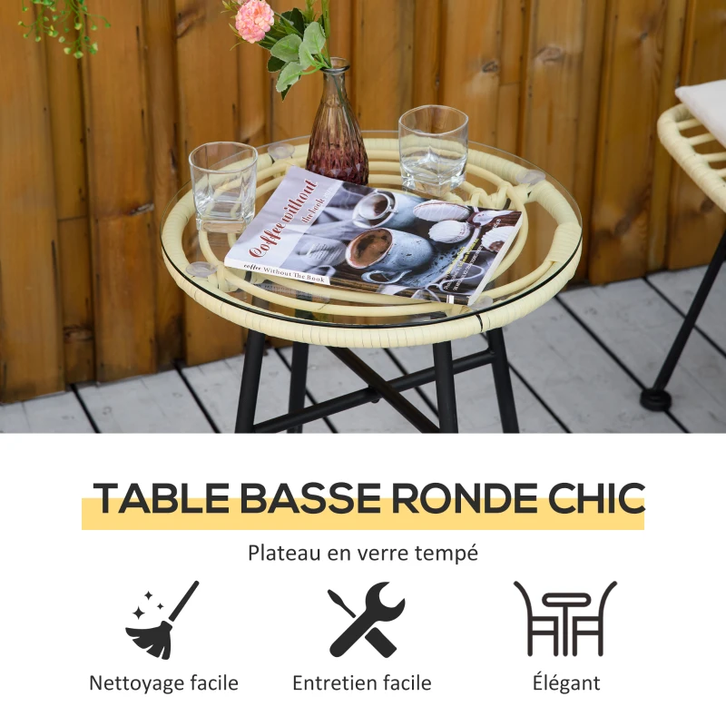 Outsunny Ensemble bistro de jardin 3 pièces 2 chaises + table basse ronde verre trempé 2 coussins zippés déhoussables polyester résine tressée PE métal galvanisé Ø 45 x 50 cm crème