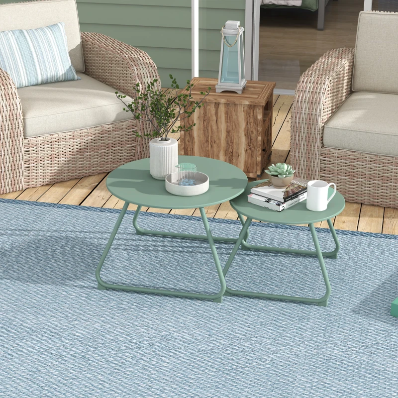 Outsunny Lot de 2 tables basses rondes gigognes empilables de Jardin métal époxy, Table d'Appoint Stable pour extérieur, vert