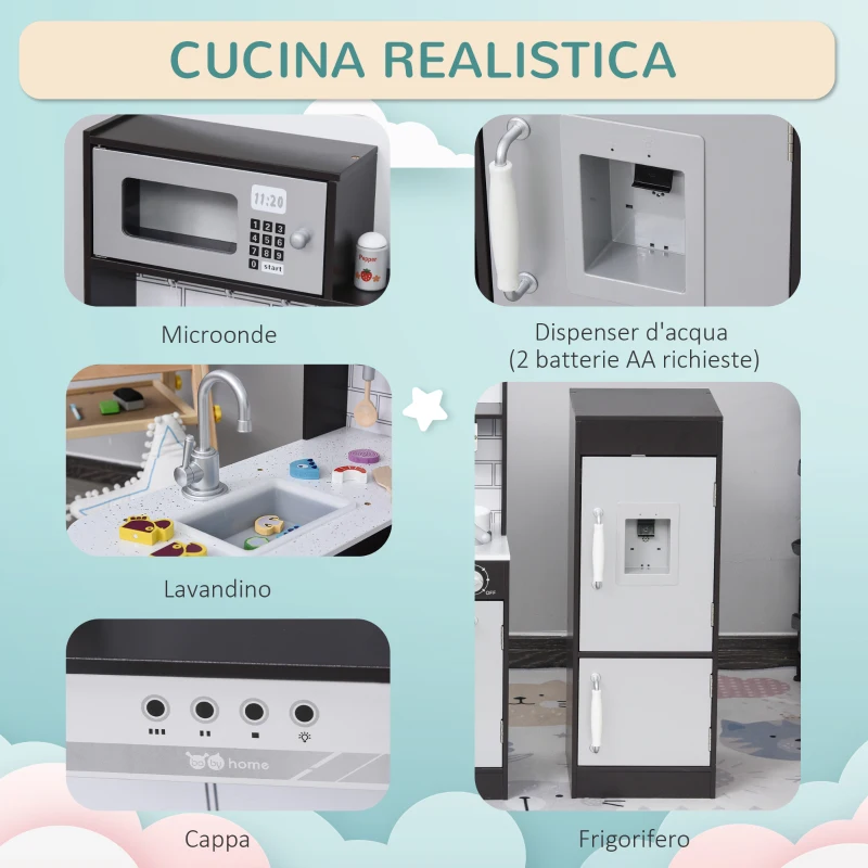 HOMCOM Cucina Giocattolo per Bambini in Legno con 14 Accessori, Forno, Lavandino, Frigo e Microonde, Età 3+ Anni, 86x64x84.5cm, Argento e Marrone