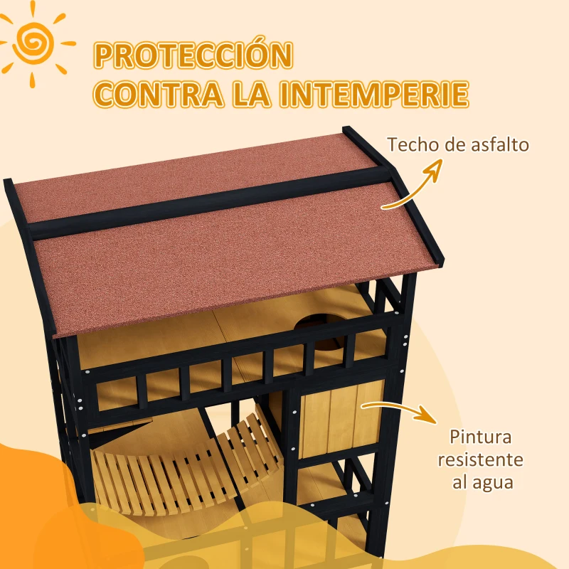 PawHut Casa para Gatos de 4 Niveles 84x60x116 cm Refugio para Gatos con Puente Colgante Balcón y Techo Asfáltico Natural