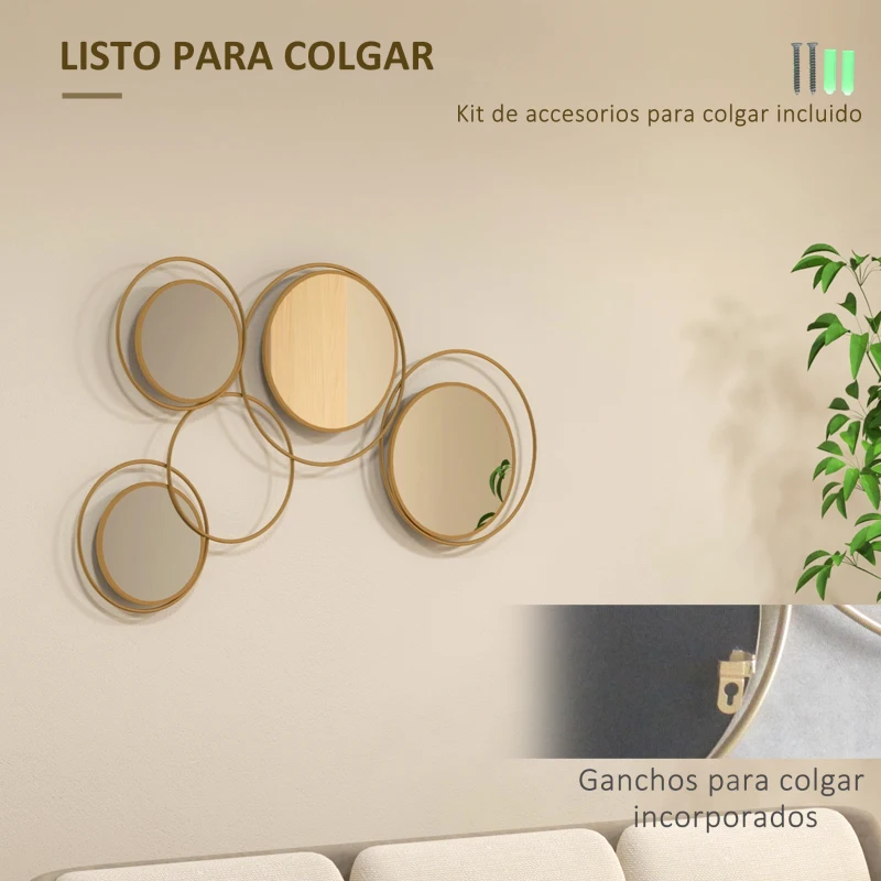 HOMCOM Espejo Decorativo de Pared de Metal 3D Decoración con 4 Espejos Redondos para Salón Dormitorio Pasillo 110x68 cm Dorado