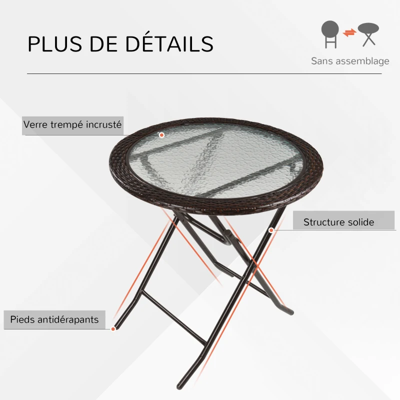 Outsunny Table ronde bistro de jardin pliable dim. Ø 68 x 73H cm métal époxy résine tressée chocolat plateau verre trempé