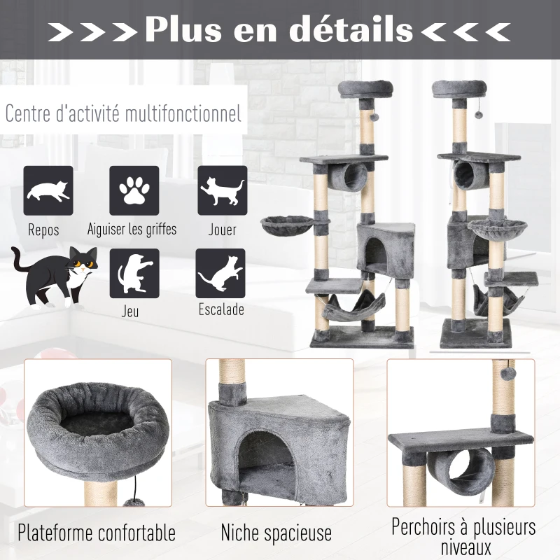 PawHut  Arbre à chats multi-équipements griffoirs grattoirs plateformes tunnel niche hamacs jouet suspendu gris