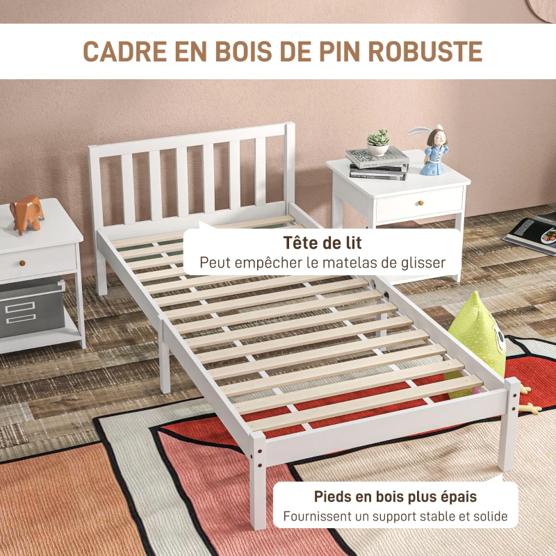 HOMCOM Cadre de lit en bois massif 90x190 cm lit simple avec tête de lit et sommier à lattes solide pour enfants adultes
