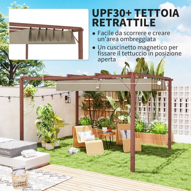Outsunny Gazebo Pergola con Tetto Retrattile, Picchetti e Viti, in Poliestere e Alluminio, 382x300x232 cm, color Legno