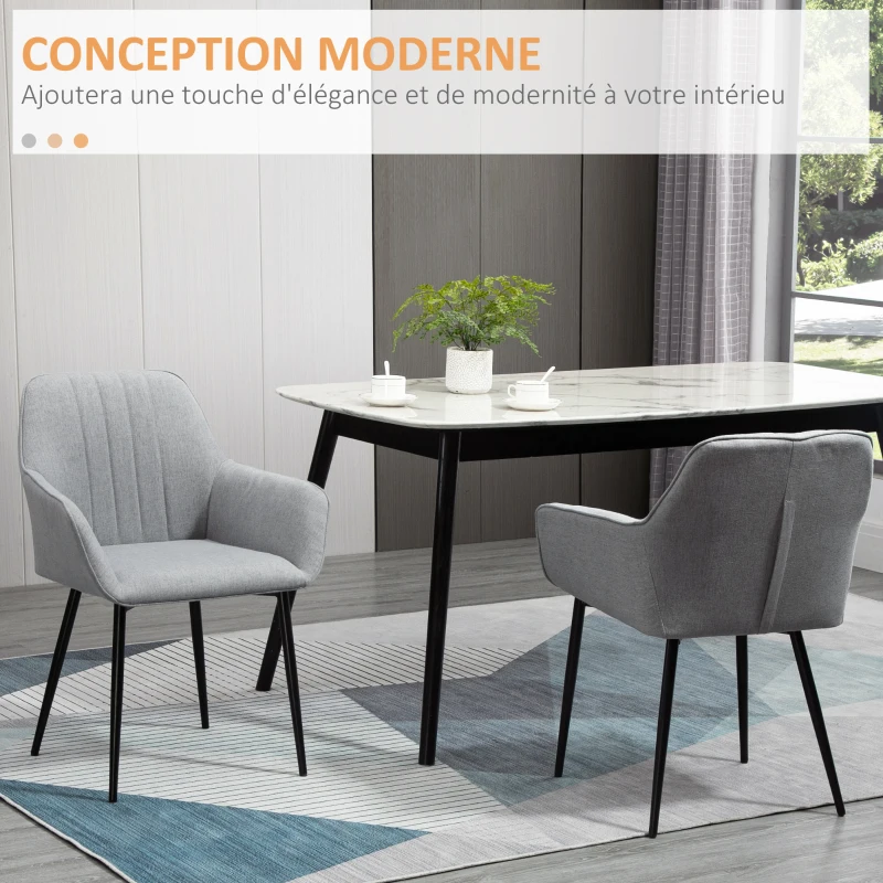 HOMCOM Chaises de Salle à Manger Chaises de Visiteur Design scandinave - Lot de 2 chaises - Pieds effilés métal Noir - Assise Dossier accoudoirs ergonomiques Lin Gris