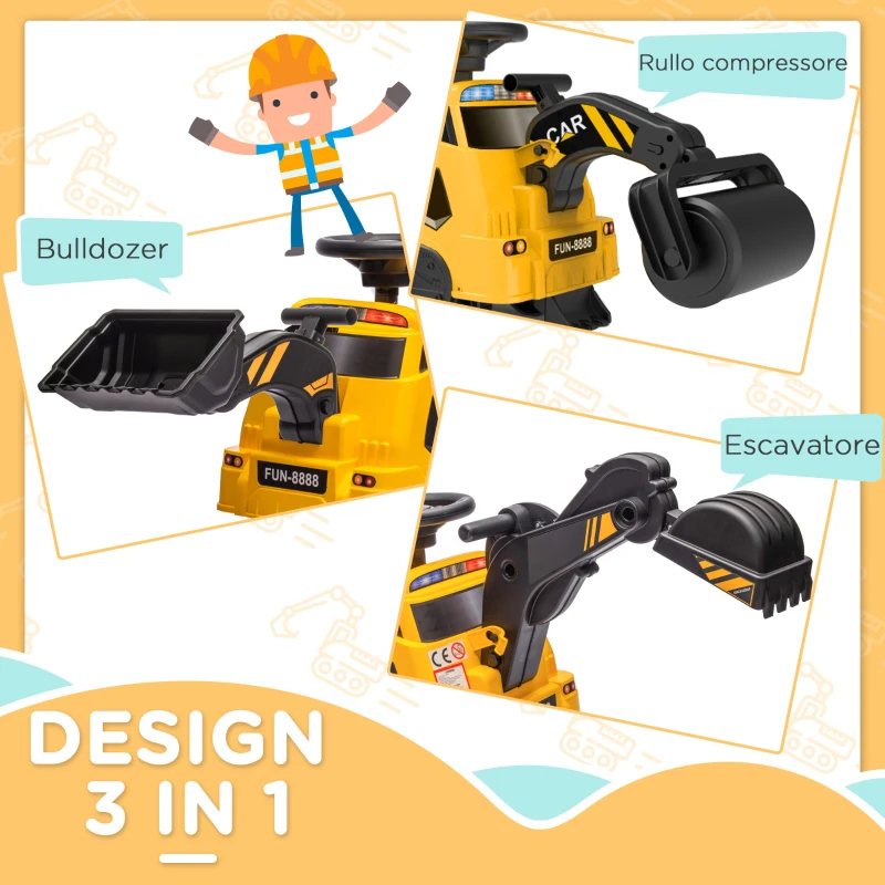 HOMCOM Ruspa Giocattolo 3 in 1 con Volante e Benna di Scavo, 100x43x48.5 cm, Giallo e Nero