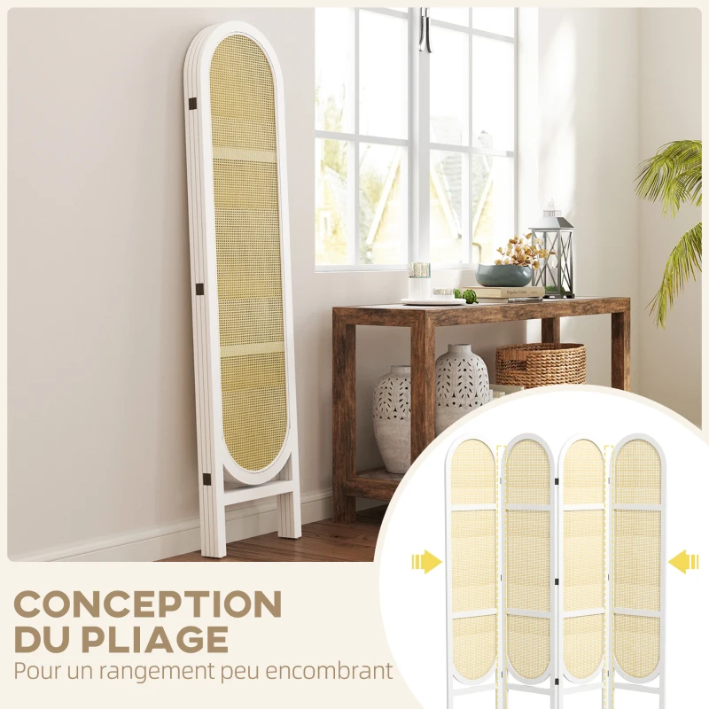 HOMCOM Paravent interieur en bois 4 panneaux 170 x 160 cm pliable et portable, motif tissé à la main, blanc